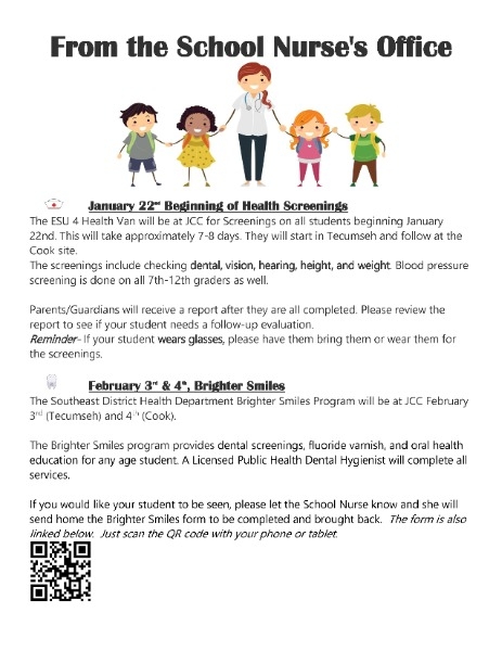 Flier for ESU 4 Health Van Screenings and Brighter Smiles visits. All information is copied into the article.